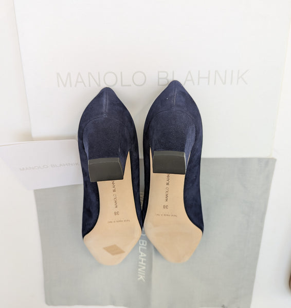 Manolo Blahnik Okkatopla 50 Navy Dark Blue Suede Block Heels New in Box