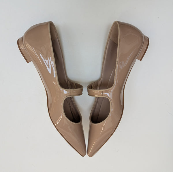 Manolo Blahnik Campariflat Dark Nude Patent Leather Mary Jane Flats New in Box