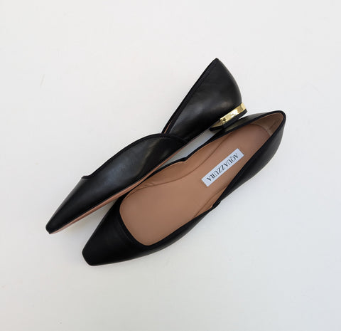 Aquazzura Maia Black Leather Cut Sides Flats with Grosgrain Trim New in Box