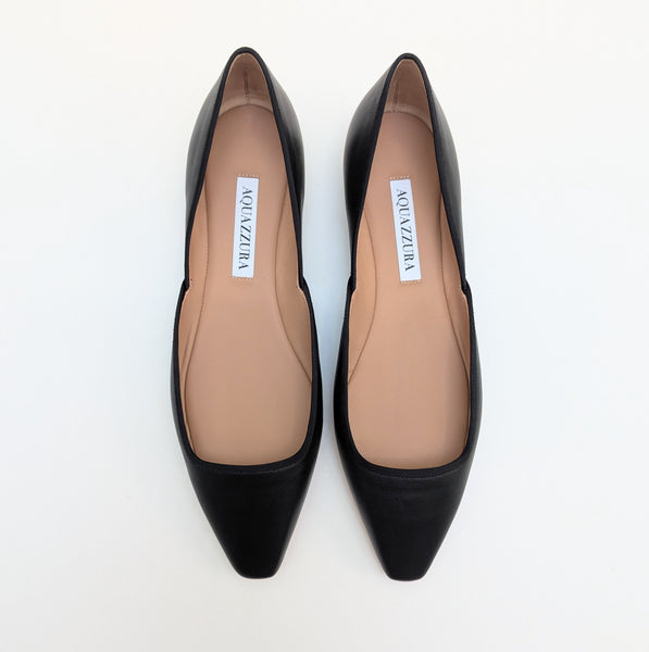 Aquazzura Maia Black Leather Cut Sides Flats with Grosgrain Trim New in Box