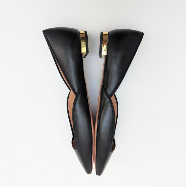 Aquazzura Maia Black Leather Cut Sides Flats with Grosgrain Trim New in Box