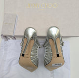 Jimmy Choo Bing Silver Leather and Mesh Heels with Rhinestone Strap New in Box Sale Mules
