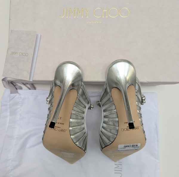 Jimmy Choo Bing Silver Leather and Mesh Heels with Rhinestone Strap New in Box Sale Mules