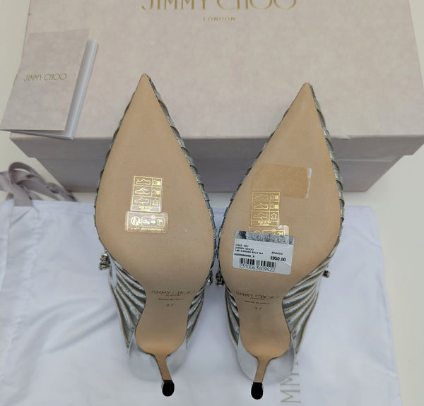 Jimmy Choo Bing Silver Leather and Mesh Heels with Rhinestone Strap New in Box Sale Mules