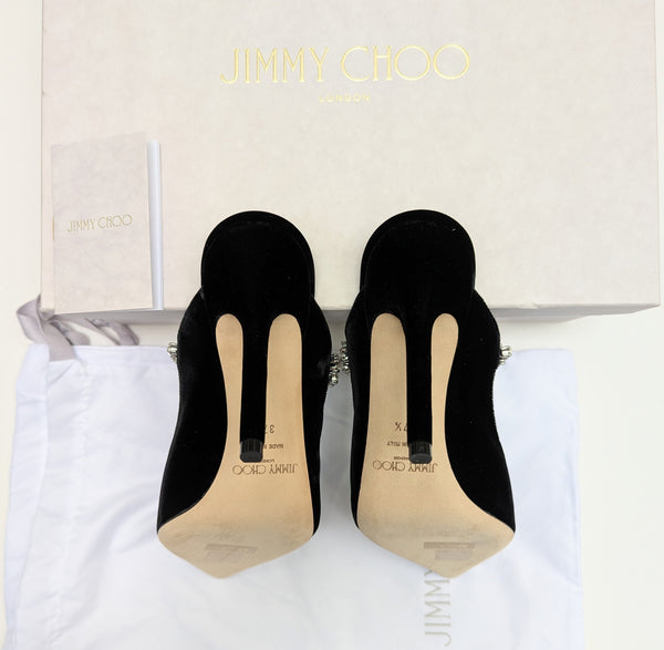 Jimmy Choo Bing Black Velvet 100 Heels with Rhinestone Strap New in Box Mules