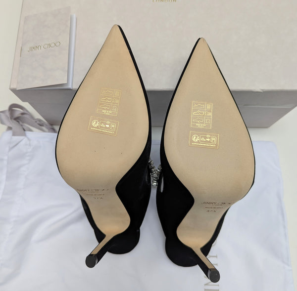 Jimmy Choo Bing Black Velvet 100 Heels with Rhinestone Strap New in Box Mules