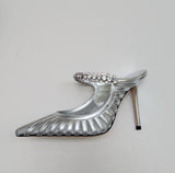 Jimmy Choo Bing Silver Leather and Mesh Heels with Rhinestone Strap New in Box Sale Mules