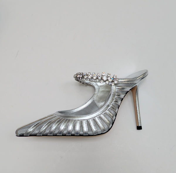Jimmy Choo Bing Silver Leather and Mesh Heels with Rhinestone Strap New in Box Sale Mules