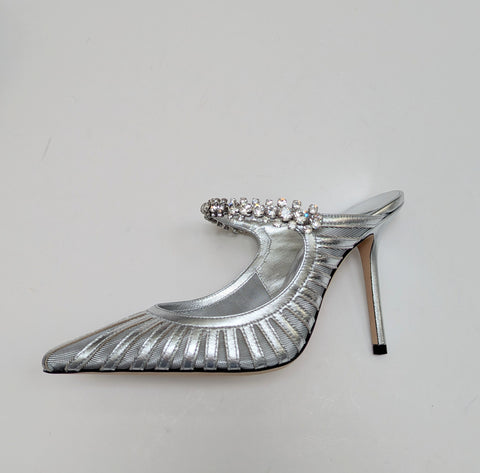 Jimmy Choo Bing Silver Leather and Mesh Heels with Rhinestone Strap New in Box Sale Mules