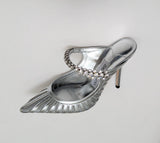 Jimmy Choo Bing Silver Leather and Mesh Heels with Rhinestone Strap New in Box Sale Mules