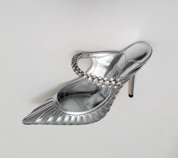 Jimmy Choo Bing Silver Leather and Mesh Heels with Rhinestone Strap New in Box Sale Mules