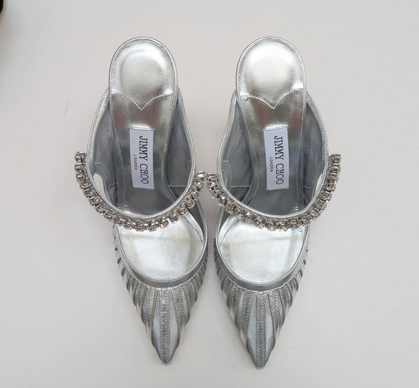 Jimmy Choo Bing Silver Leather and Mesh Heels with Rhinestone Strap New in Box Sale Mules