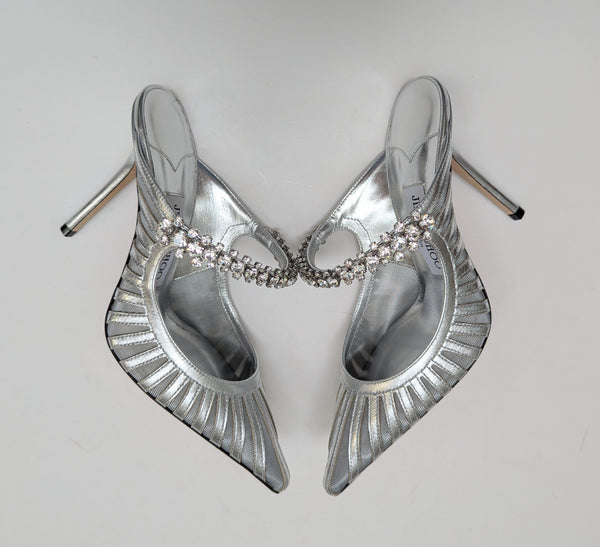 Jimmy Choo Bing Silver Leather and Mesh Heels with Rhinestone Strap New in Box Sale Mules