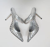 Jimmy Choo Bing Silver Leather and Mesh Heels with Rhinestone Strap New in Box Sale Mules