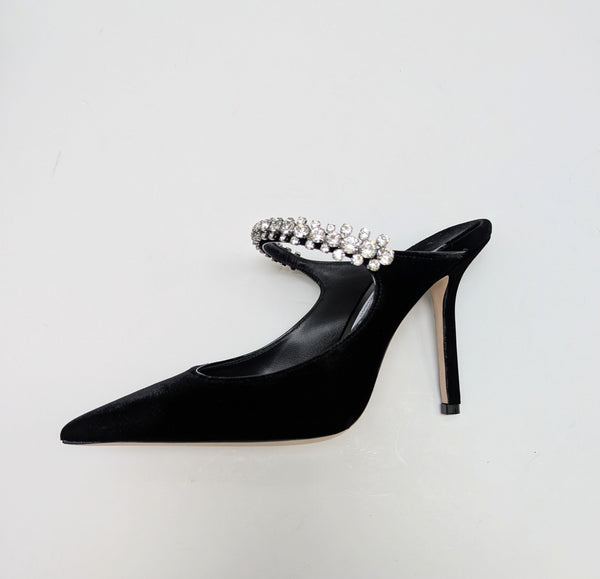 Jimmy Choo Bing Black Velvet 100 Heels with Rhinestone Strap New in Box Mules