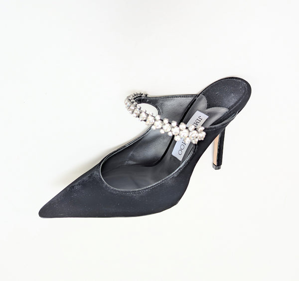 Jimmy Choo Bing Black Velvet 100 Heels with Rhinestone Strap New in Box Mules