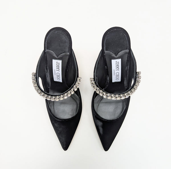 Jimmy Choo Bing Black Velvet 100 Heels with Rhinestone Strap New in Box Mules
