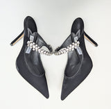 Jimmy Choo Bing Black Velvet 100 Heels with Rhinestone Strap New in Box Mules
