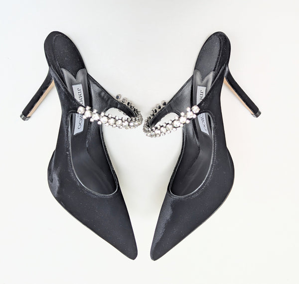 Jimmy Choo Bing Black Velvet 100 Heels with Rhinestone Strap New in Box Mules