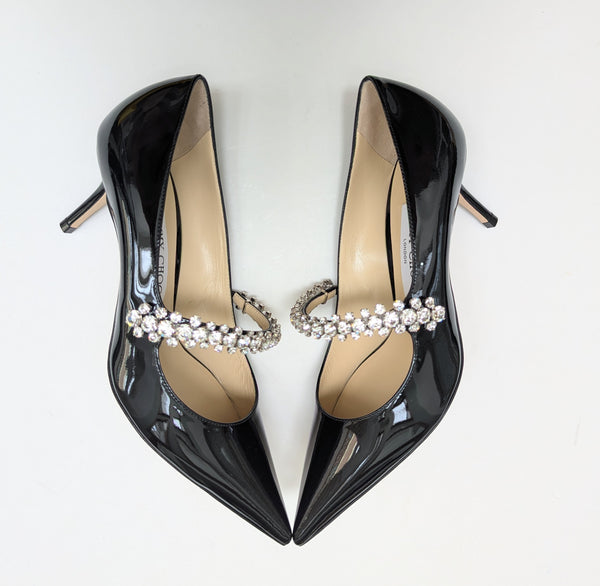 Jimmy Choo Bing Black Patent 65 Rhinestone Strap Heels New in Box