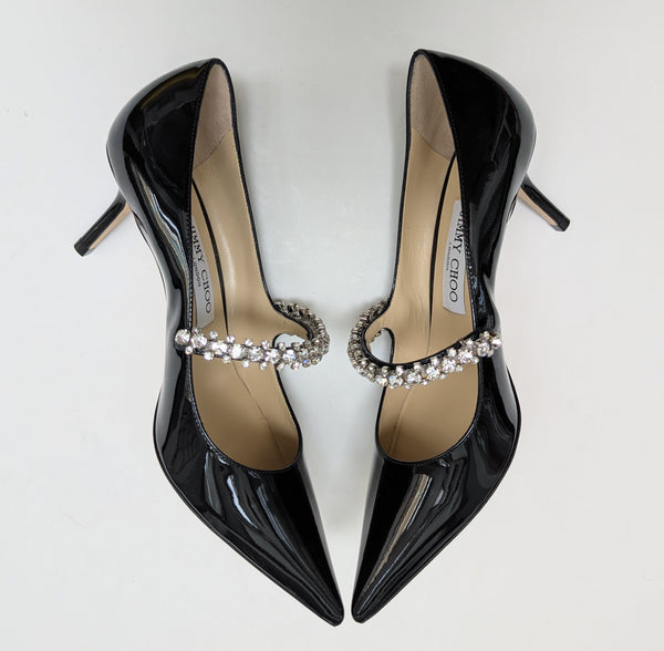 Jimmy Choo Bing Black Patent 65 Rhinestone Strap Heels New in Box