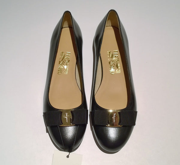 Ferragamo Varina Black Leather Bow Flats New in Box Shoes C Width