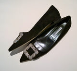 Manolo Blahnik Maysale Flats in Black Suede with Rhinestone Buckle New