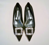 Manolo Blahnik Maysale Flats in Black Suede with Rhinestone Buckle New