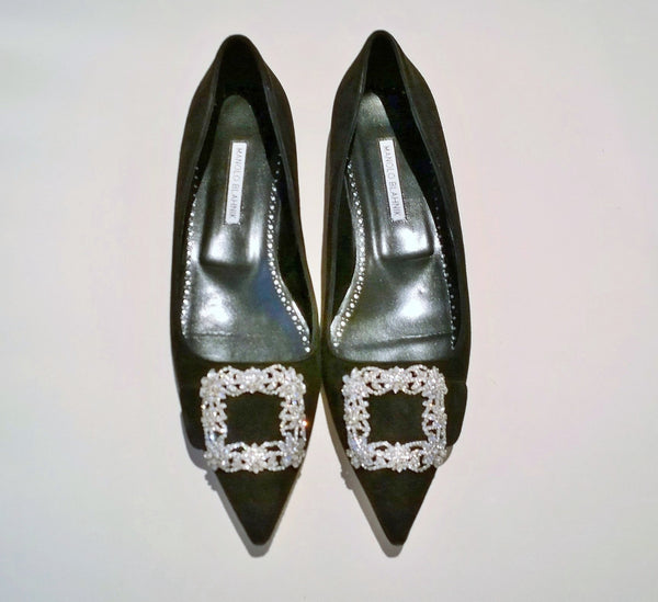 Manolo Blahnik Maysale Flats in Black Suede with Rhinestone Buckle New