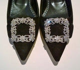 Manolo Blahnik Maysale Flats in Black Suede with Rhinestone Buckle New