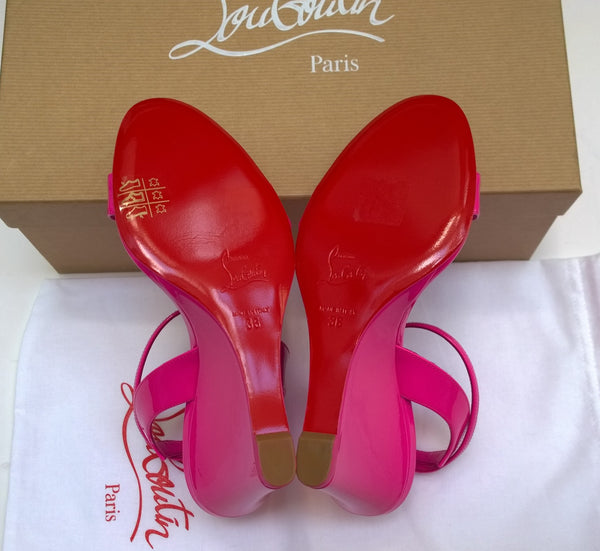 Christian Louboutin Zeppa Chick 100 Bolerose Bright Pink Patent Wedge Sandals Heels New in Box