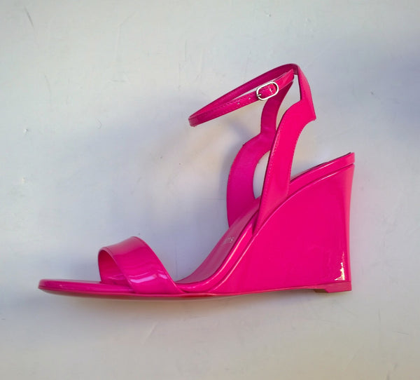 Christian Louboutin Zeppa Chick 100 Bolerose Bright Pink Patent Wedge Sandals Heels New in Box