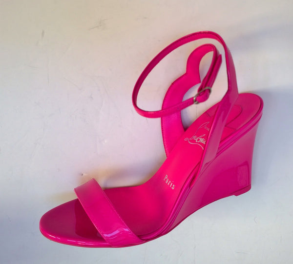 Christian Louboutin Zeppa Chick 100 Bolerose Bright Pink Patent Wedge Sandals Heels New in Box