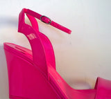 Christian Louboutin Zeppa Chick 100 Bolerose Bright Pink Patent Wedge Sandals Heels New in Box