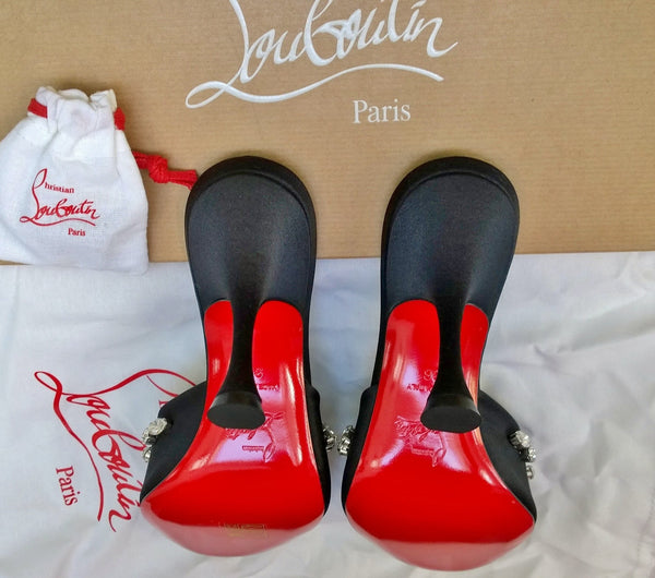 Christian Louboutin Degraqueen 85 Black Satin Rhinestone Sandals Slides New in Box