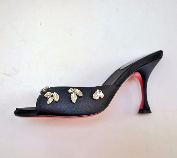 Christian Louboutin Degraqueen 85 Black Satin Rhinestone Sandals Slides New in Box