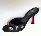 Christian Louboutin Degraqueen 85 Black Satin Rhinestone Sandals Slides New in Box