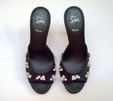 Christian Louboutin Degraqueen 85 Black Satin Rhinestone Sandals Slides New in Box