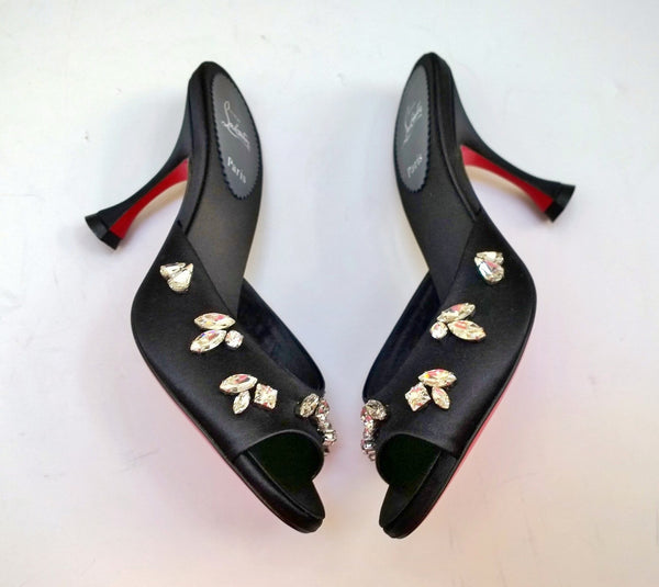 Christian Louboutin Degraqueen 85 Black Satin Rhinestone Sandals Slides New in Box