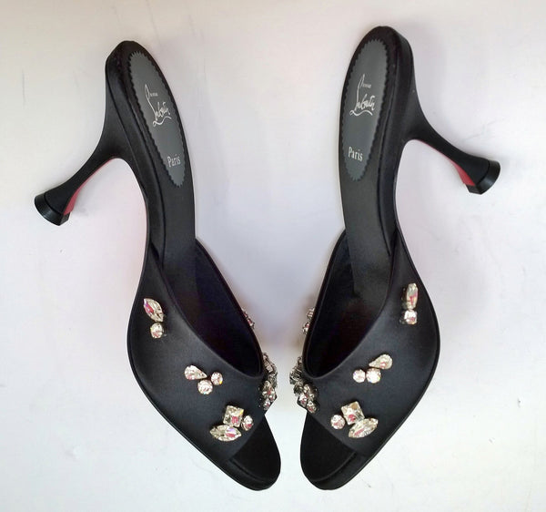 Christian Louboutin Degraqueen 85 Black Satin Rhinestone Sandals Slides New in Box