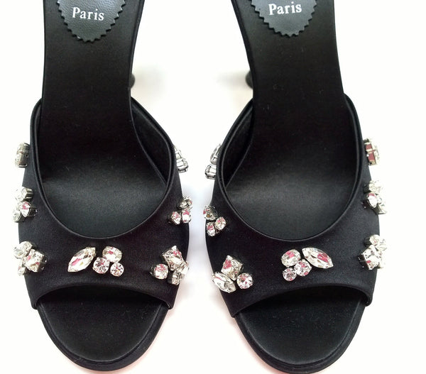 Christian Louboutin Degraqueen 85 Black Satin Rhinestone Sandals Slides New in Box