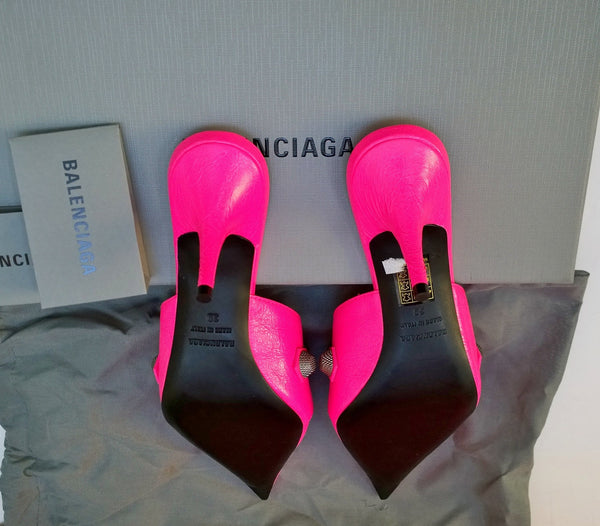 Balenciaga Cagole Neon Flourescent Pink Pointy Toe Slides Heels