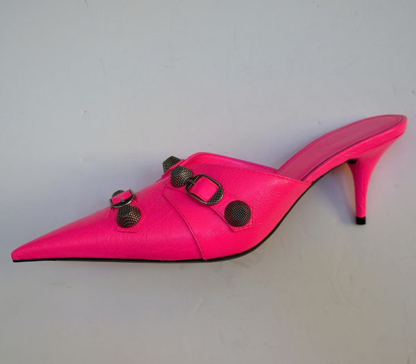 Balenciaga Cagole Neon Flourescent Pink Pointy Toe Slides Heels