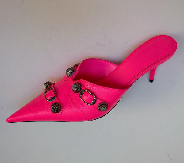 Balenciaga Cagole Neon Flourescent Pink Pointy Toe Slides Heels