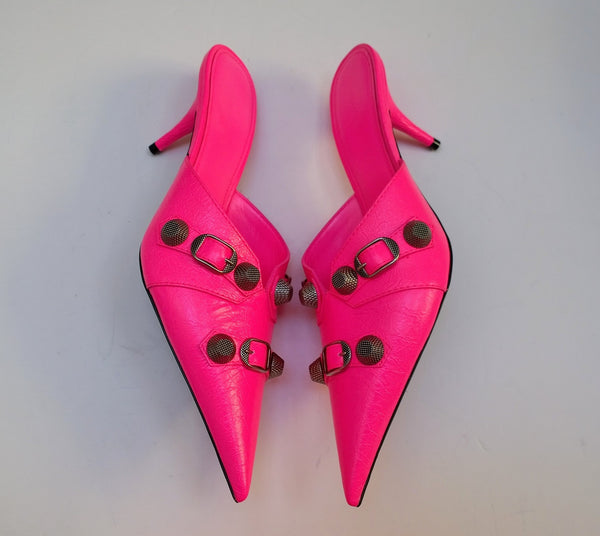 Balenciaga Cagole Neon Flourescent Pink Pointy Toe Slides Heels