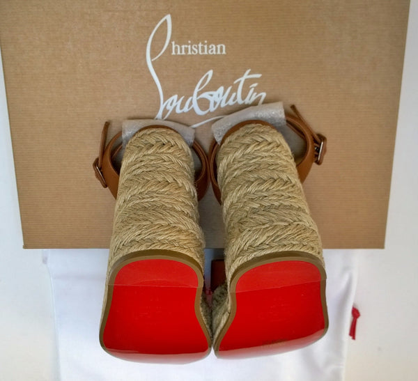 Christian Louboutin Mariza Zeppa 130 Cuoio Tan Leather Wedge Sandals Open Toe Heels New in Box Espadrilles