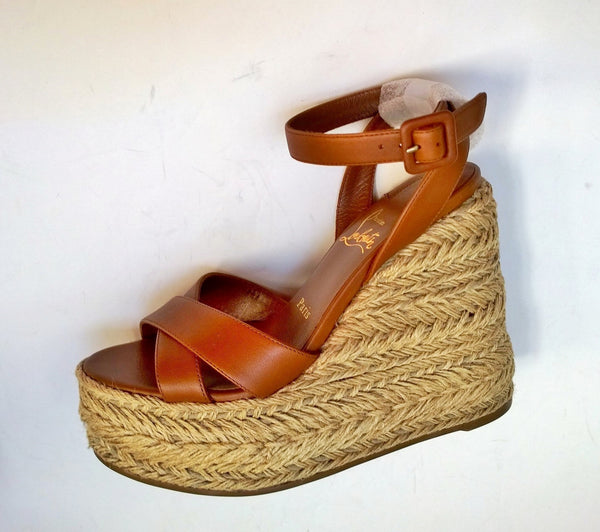 Christian Louboutin Mariza Zeppa 130 Cuoio Tan Leather Wedge Sandals Open Toe Heels New in Box Espadrilles