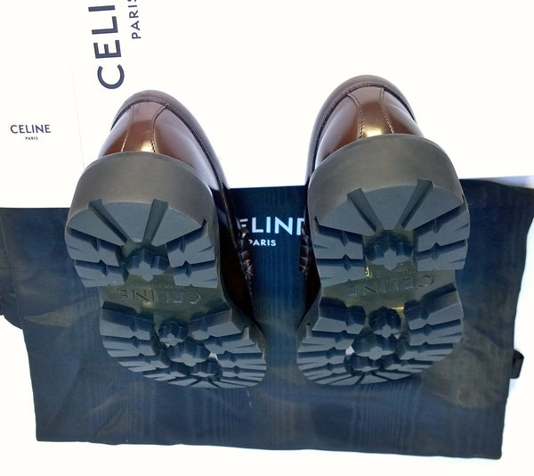 Celine Margaret Triomphe Loafers in Glossy Dark Brown Leather Platform New in Box