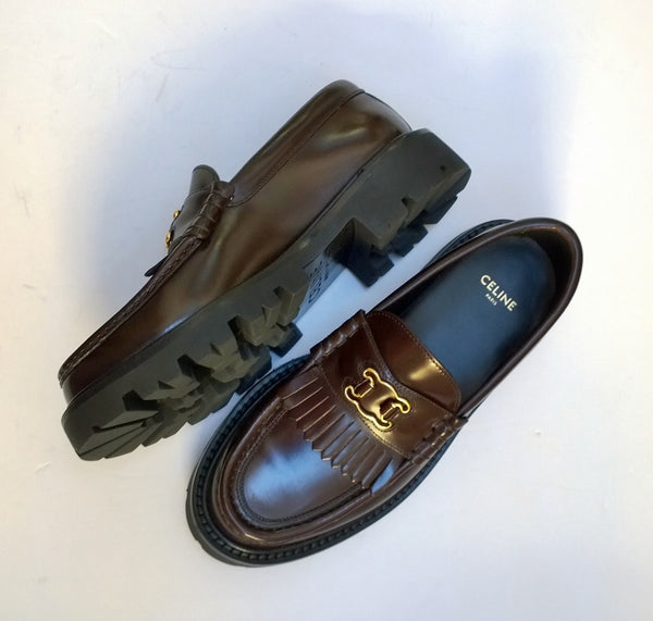 Celine Margaret Triomphe Loafers in Glossy Dark Brown Leather Platform New in Box