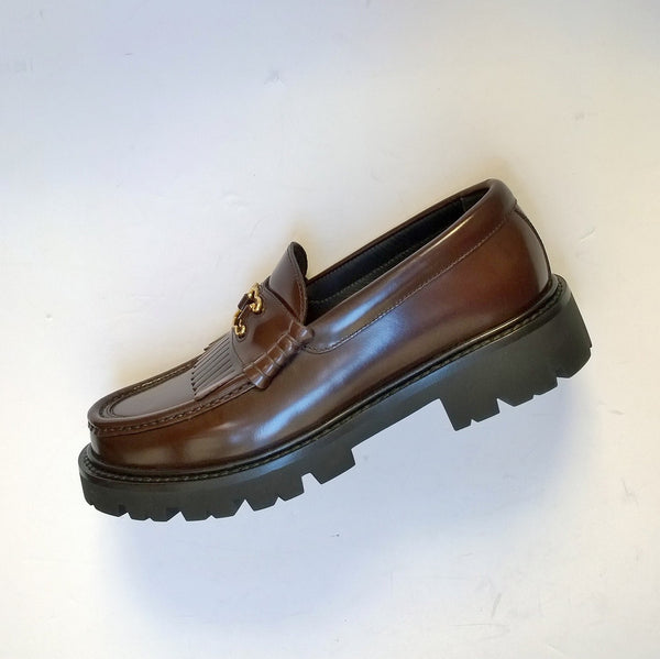 Celine Margaret Triomphe Loafers in Glossy Dark Brown Leather Platform New in Box